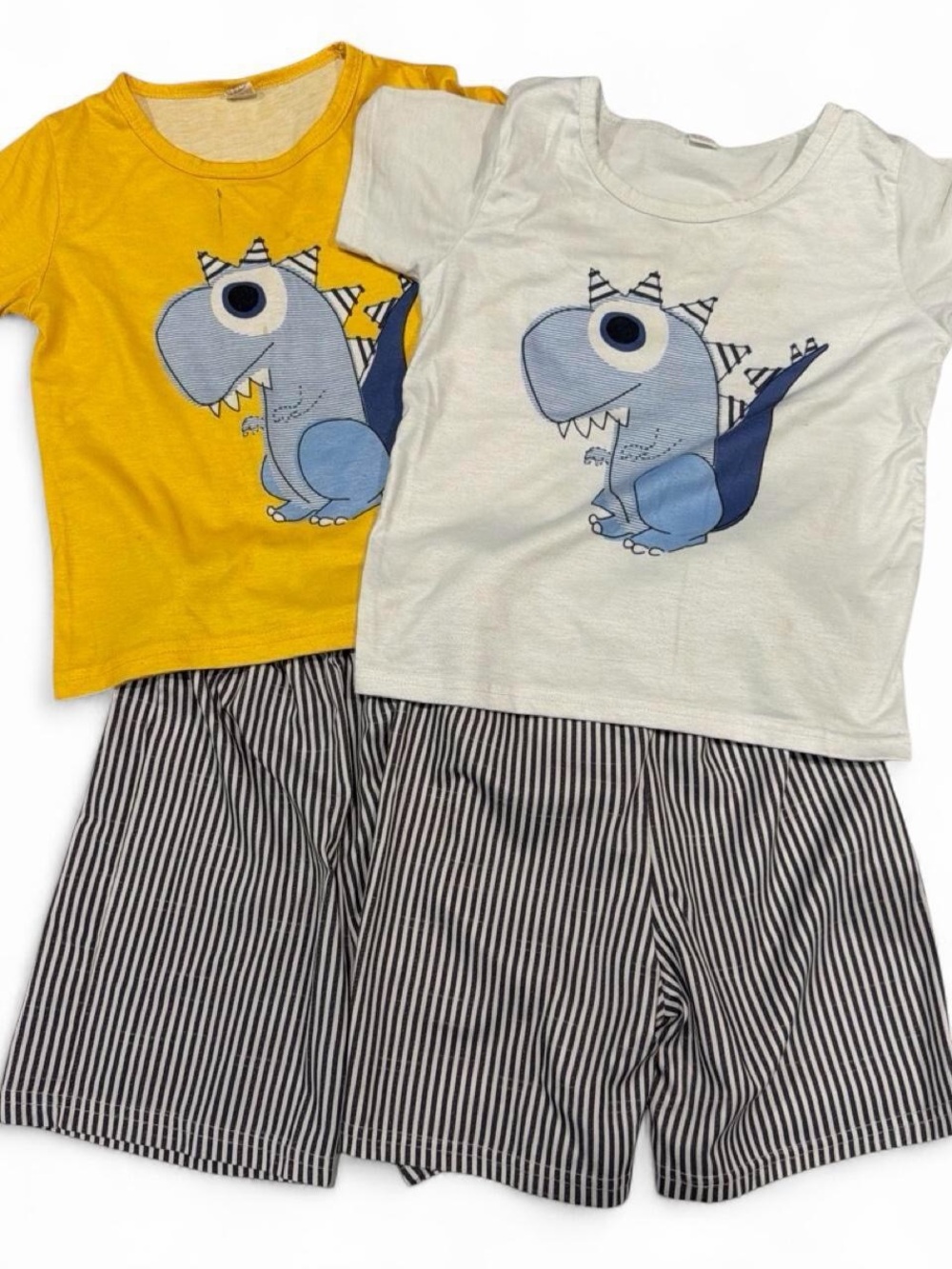 4-6 yrs old Cute Dino Pajama Set - Yellow & White Tops with Striped Shorts